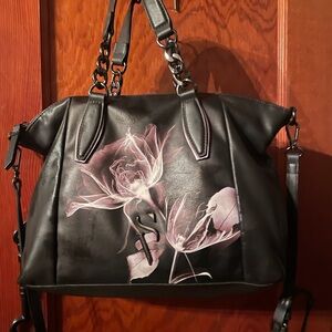 Vera Wang Black Shoulder Bag with Pink Floral Design